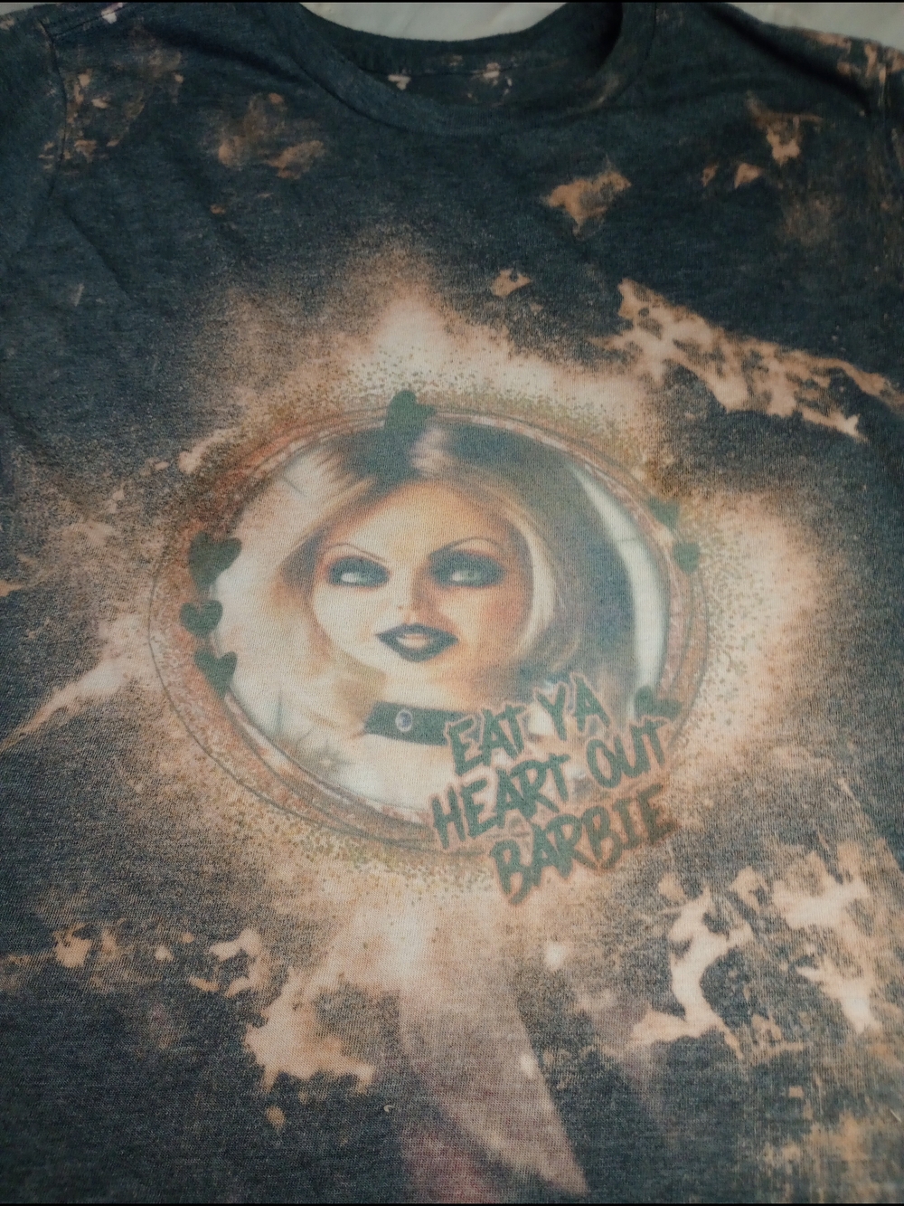 Graphic Bleached Tee with Doll Face and 'Eat Ya Heart Out Barbie' Size Medium